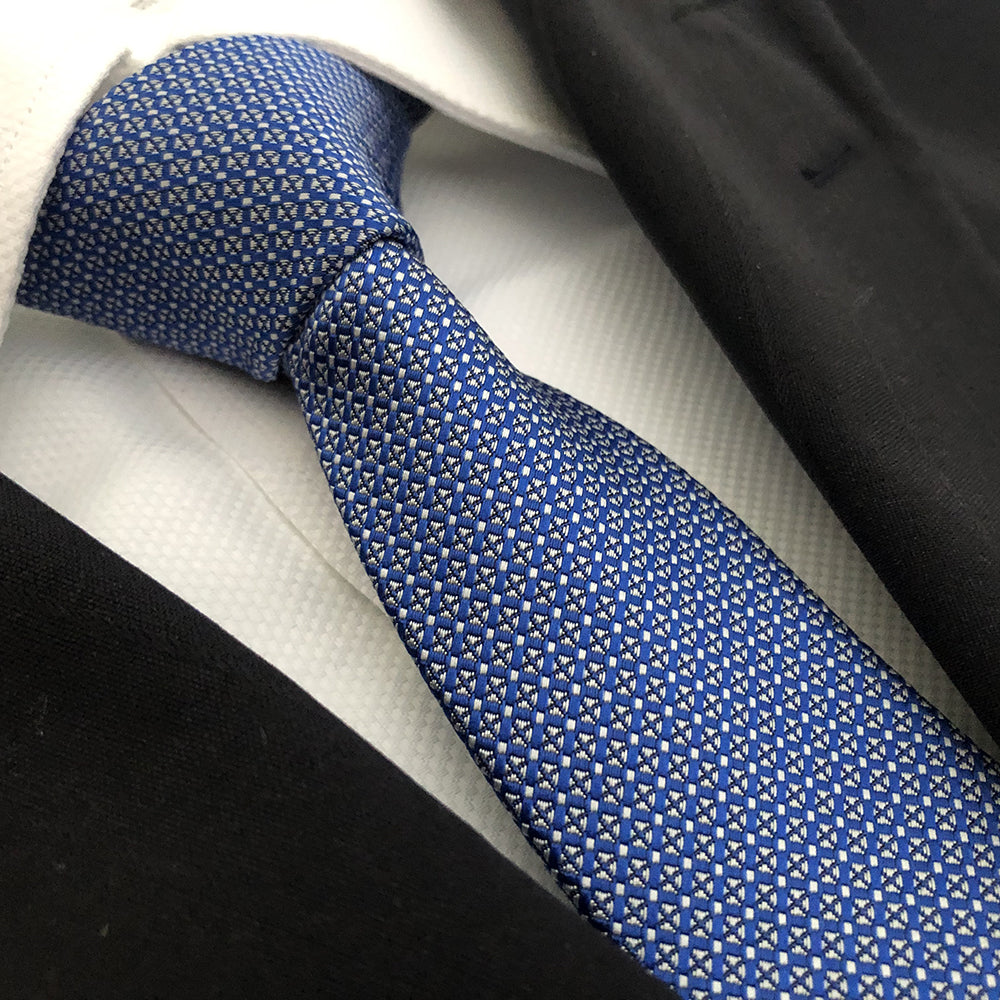 “FINE CHECK BLUE” SKINNY POLYESTER TIE